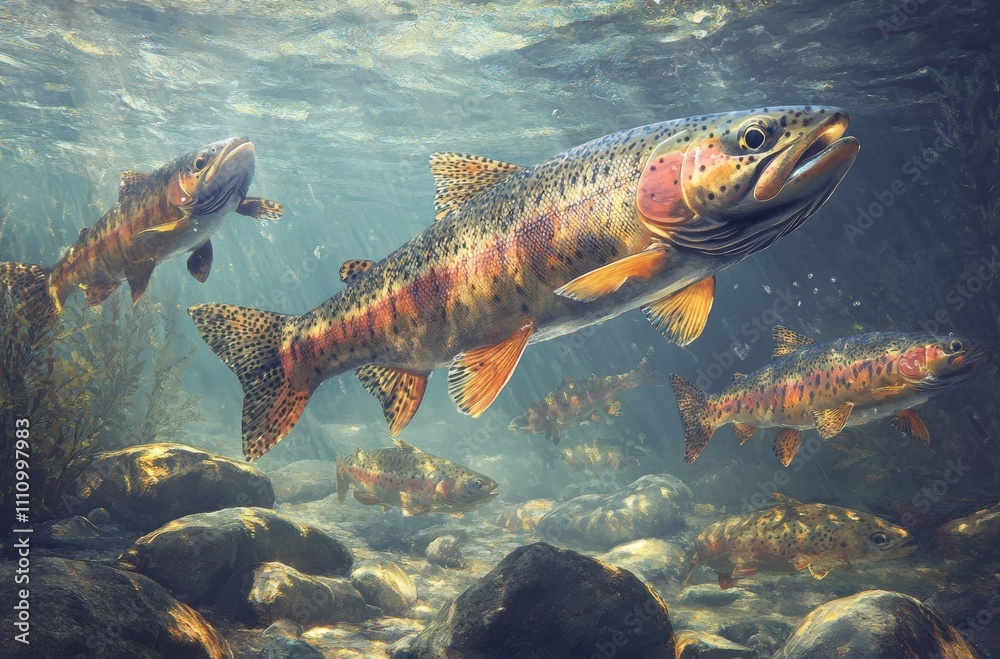 Colorful Trout Swimming in Crystal Clear Water of Stream, Underwater Scene with Natural Lighting and Vibrant Aquatic Life in Serene Environment Colorful Trout Swimming in Crystal Clear Water of Stream, Underwater Scene with Natural Lighting and Vibrant Aquatic Life in Serene Environment