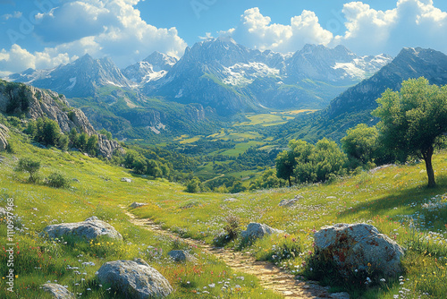 Mountain Valley Path Meadow Flowers Rocks Sky