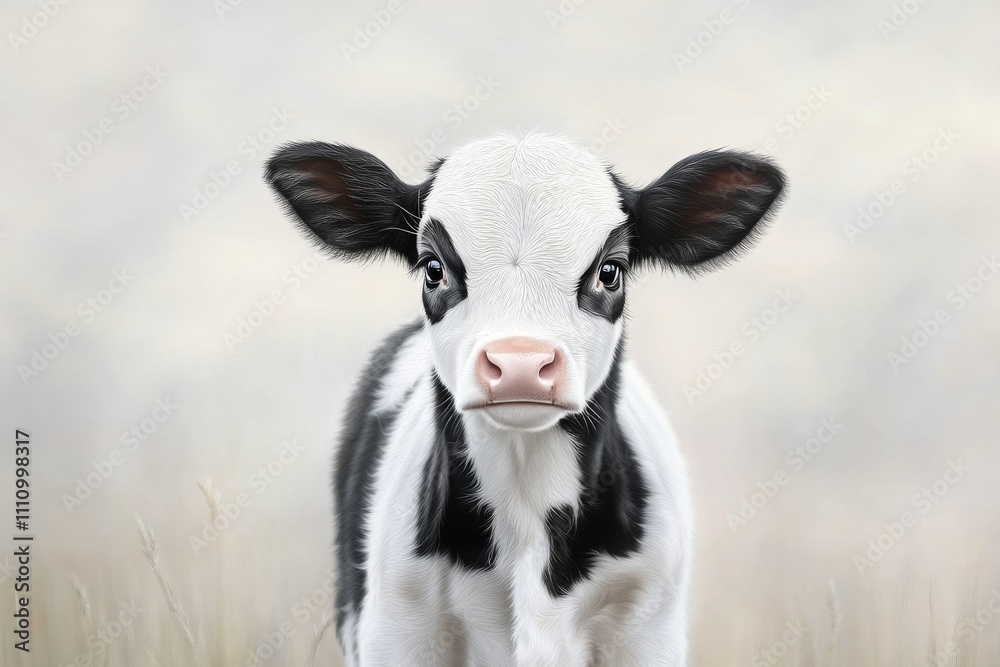 Adorable black and white calf standing against a soft bokeh background Adorable black and white calf standing against a soft bokeh background