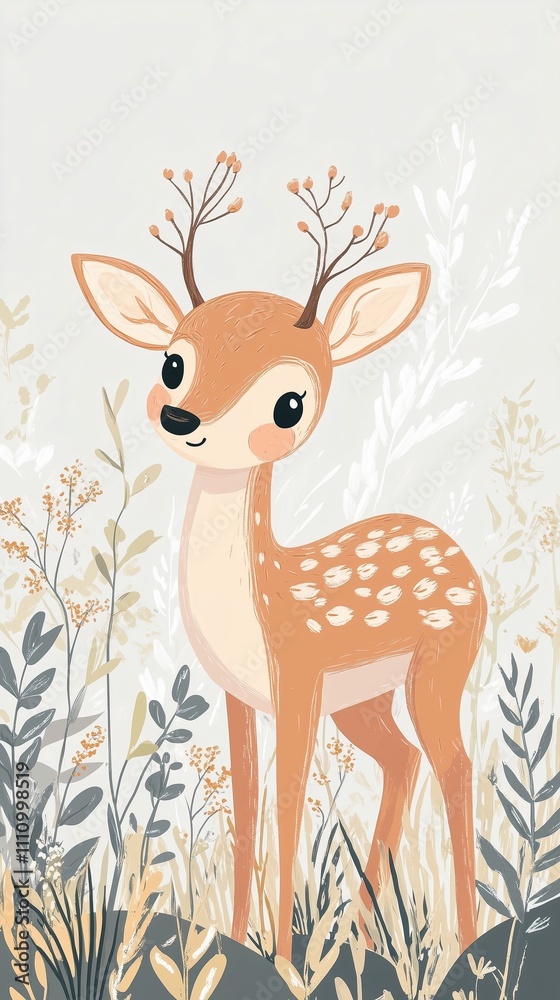 Whimsical cartoon deer in a forest landscape Whimsical cartoon deer in a forest landscape