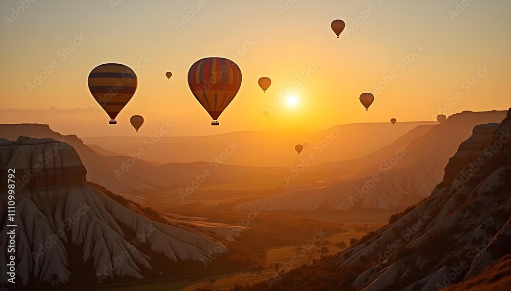 Fototapeta premium A hot air balloon flying over a scenic valley at sunrise.