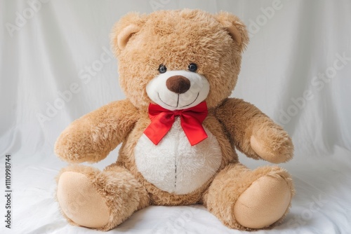 A brown teddy bear with a red bow tie sits on a white background.