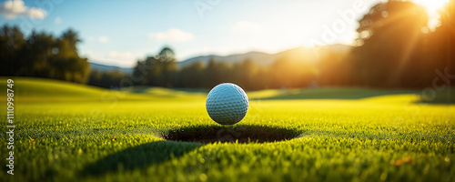 primo piano pallina da golf sospesa sopra un buca con veduta panoramica di campo da golf photo