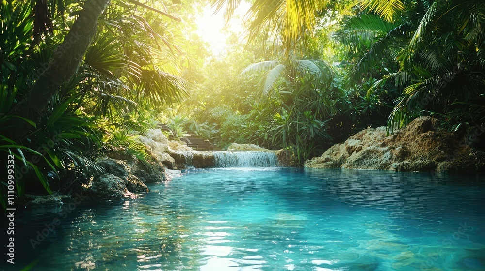 Naklejka premium Serene Tropical Waterfall Scene with Lush Greenery and Crystal Clear Pool under Sunlight, Perfect for Nature and Relaxation Themes