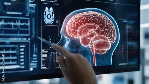 Advanced human brain scan imaging techniques in a medical research lab highlighting the digital display of neural activity.