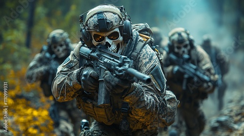 a skeleton delta force operator carrying a Mk18 with suppressor, other skeleton operators behind him finding enemies, midnightcore pastel kiragam, tarot card, in amazon forest, they are facing gunfigh