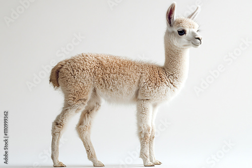 A Young Alpaca Stands Against A White Background