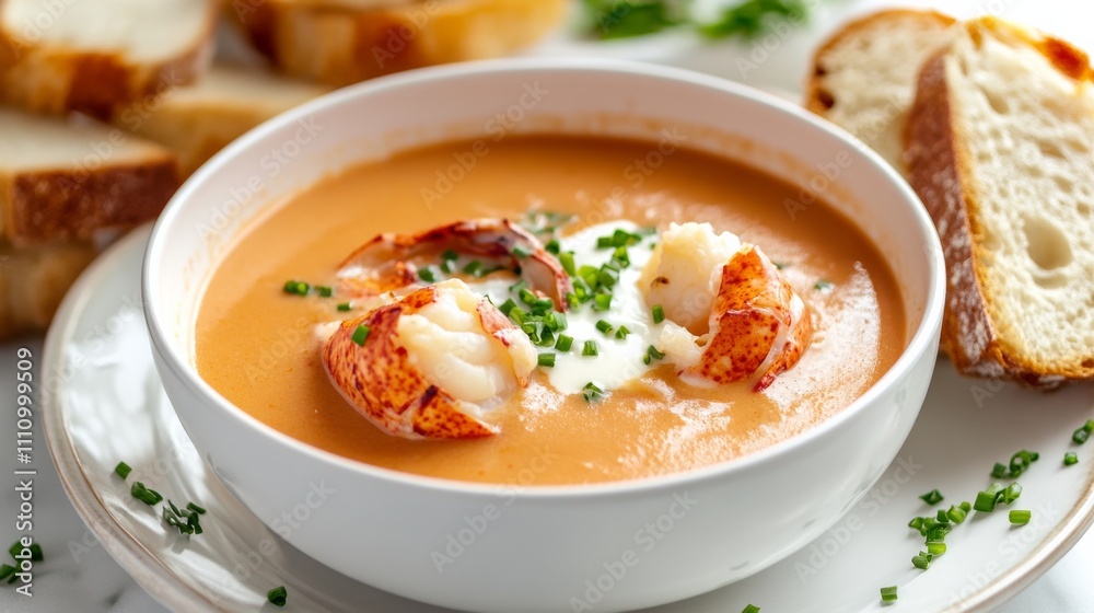 Photo of, A mouthwatering plate of lobster bisque soup garnished with a drizzle of cream and chopped chives, Bisque plate centered Photo of, A mouthwatering plate of lobster bisque soup garnished with a drizzle of cream and chopped chives, Bisque plate centered