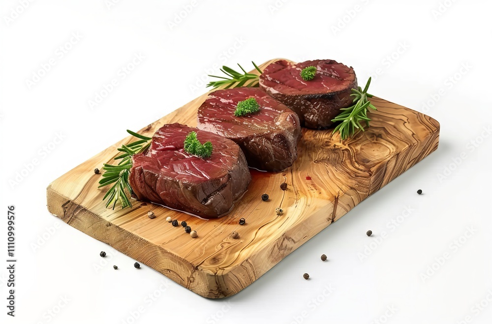 Beef steaks on a wooden board, isolated against a white background. Detailed photo with cinematic lighting raw beef steak with rosemary Beef steaks on a wooden board, isolated against a white background. Detailed photo with cinematic lighting raw beef steak with rosemary