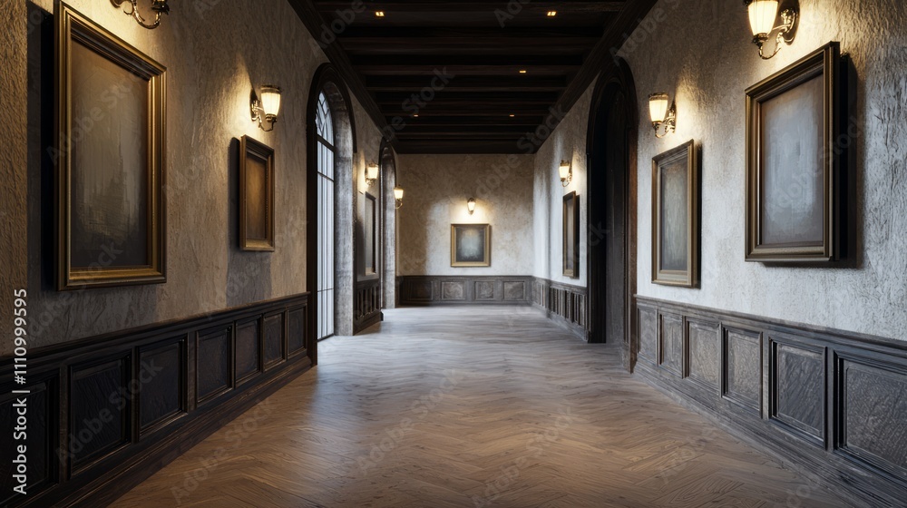 Medieval-Inspired Gallery Wall in a Modern Hallway with Soft Lighting and Textured Artwork | Ultra-Detailed Interior Design Scene Medieval-Inspired Gallery Wall in a Modern Hallway with Soft Lighting and Textured Artwork | Ultra-Detailed Interior Design Scene