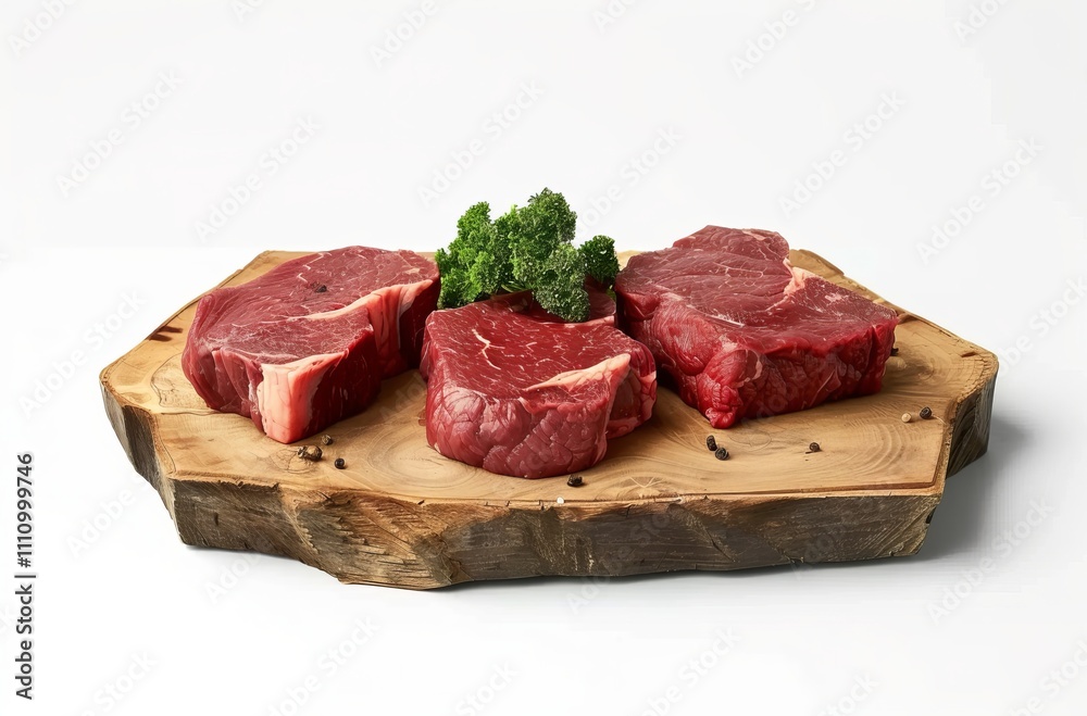 Beef steaks on a wooden board, isolated against a white background. Detailed photo with cinematic lighting raw beef steak with rosemary Beef steaks on a wooden board, isolated against a white background. Detailed photo with cinematic lighting raw beef steak with rosemary