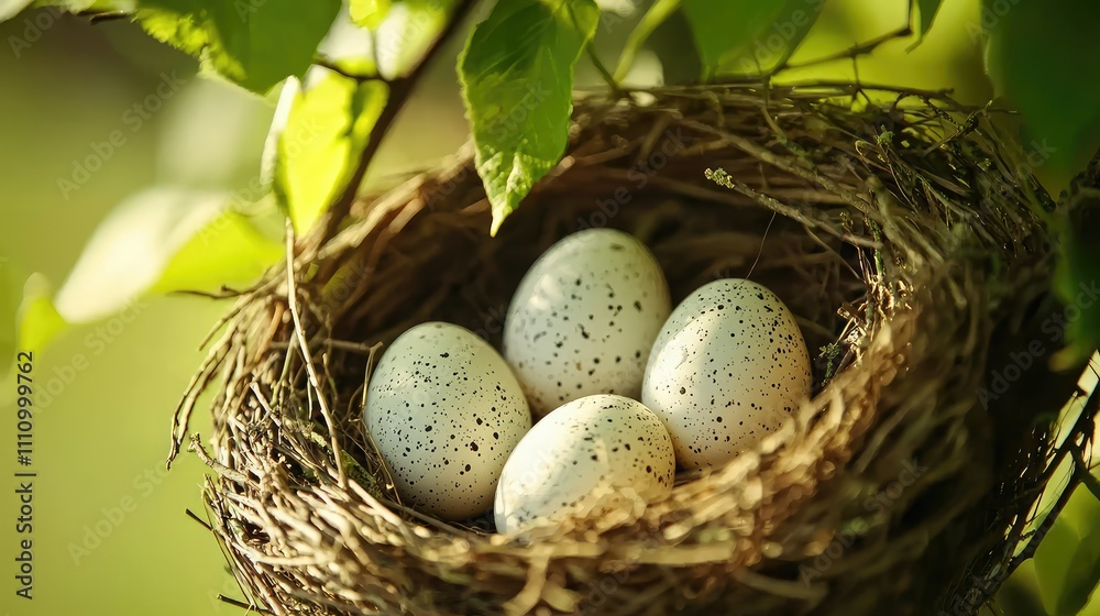 Obraz premium A Close-Up View of Four Speckled Eggs Nestled in a Cozy Bird Nest Surrounded by Lush Green Leaves in Soft Natural Light
