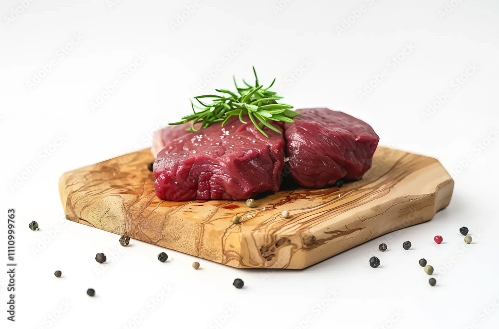 Beef steaks on a wooden board, isolated against a white background. Detailed photo with cinematic lighting raw beef steak with rosemary Beef steaks on a wooden board, isolated against a white background. Detailed photo with cinematic lighting raw beef steak with rosemary