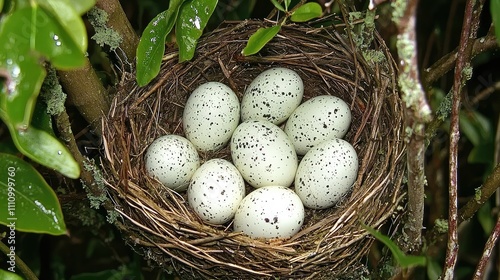 Nest of Speckled Eggs in a Natural Setting Surrounded by Greenery and Branches, Capturing the Essence of Wildlife and Nature’s Beauty