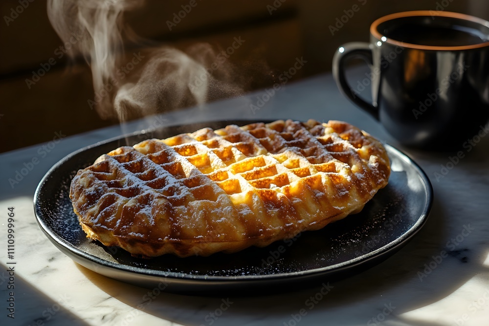A thick Liège waffle with a golden crust and sugar pearls rests on a black plate atop a marble countertop, with coffee nearby. Gaufre de Liège A thick Liège waffle with a golden crust and sugar pearls rests on a black plate atop a marble countertop, with coffee nearby. Gaufre de Liège
