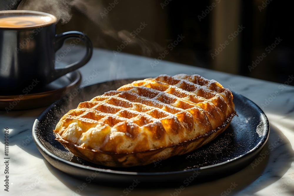 A thick Liège waffle with a golden crust and sugar pearls rests on a black plate atop a marble countertop, with coffee nearby. Gaufre de Liège A thick Liège waffle with a golden crust and sugar pearls rests on a black plate atop a marble countertop, with coffee nearby. Gaufre de Liège
