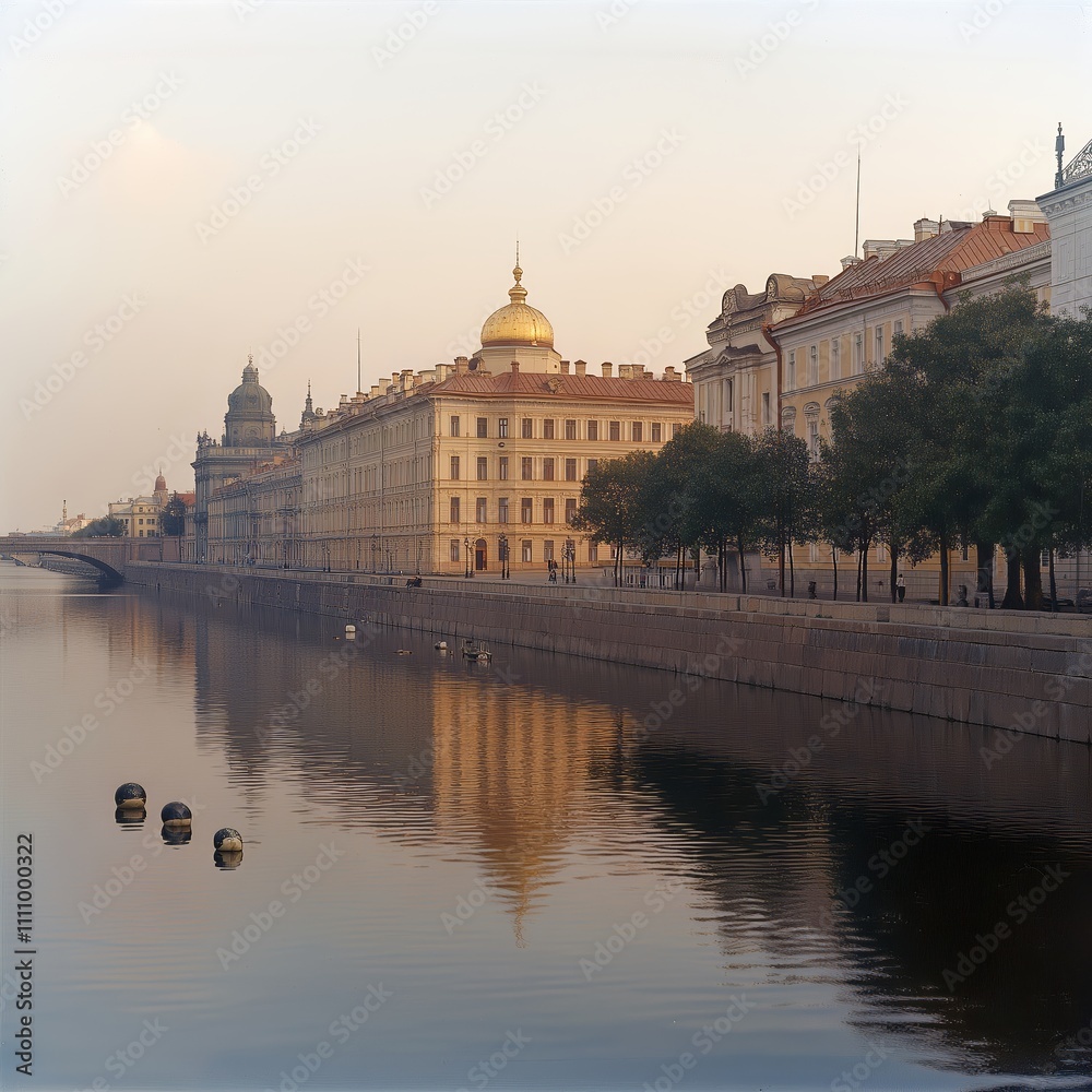 Fototapeta premium Saint Petersburg golden dome reflected in river at sunrise
