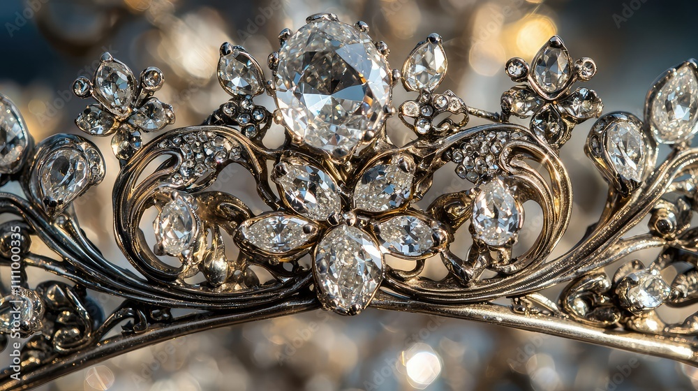 An Elegant Close-Up of a Sparkling Silver Tiara Adorned with Shimmering Crystals and Precious Stones Perfect for Weddings and Pageants An Elegant Close-Up of a Sparkling Silver Tiara Adorned with Shimmering Crystals and Precious Stones Perfect for Weddings and Pageants