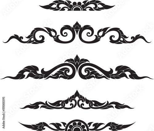 Traditional Thai Floral Borders Vector A set of intricate Thai inspired border designs perfect for invitations, packaging, or cultural decorations