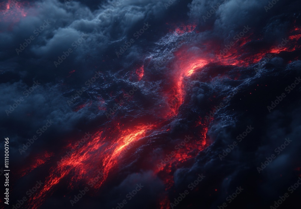 Fototapeta premium Dramatic Eruption of Lava Flowing Through Dense Dark Clouds Illuminating the Night Sky with Fiery Red and Orange Hues in an Abstract Scene of Natural Power