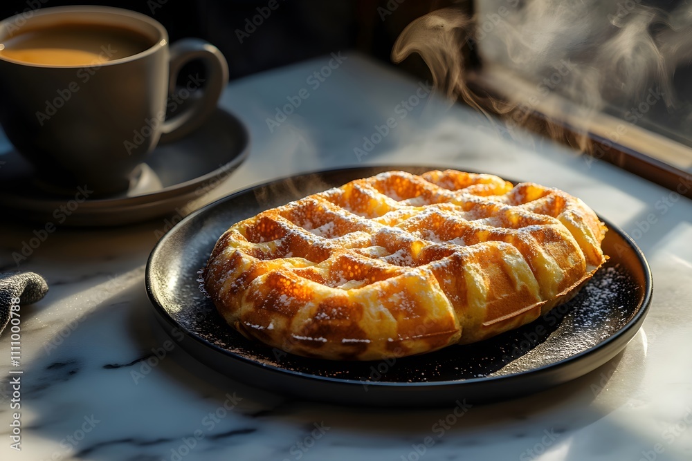 A thick Liège waffle with a golden crust and sugar pearls rests on a black plate atop a marble countertop, with coffee nearby. Gaufre de Liège A thick Liège waffle with a golden crust and sugar pearls rests on a black plate atop a marble countertop, with coffee nearby. Gaufre de Liège