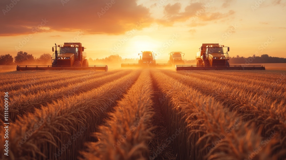 Fototapeta premium Golden Hour Harvest: Three Combine Harvesters Working in a Wheat Field at Sunset