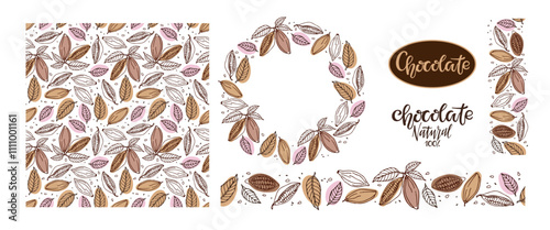 Chocolate decor set. Cocoa bean frame, print set. Round Chocolate frame, seamless pattern, seamless borders. Doodle vector illustrations. Chocolate handwritten lettering logo, label with cocoa bean.
