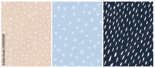Cute Seamless Childish Vector Patterns. Abstract Hand Drawn Doodle Print. White Freehand Scribbles Isolated on a Beige, Pastel Blue and Dark Blue Background. Simple Irregular Geometric Pattern. 