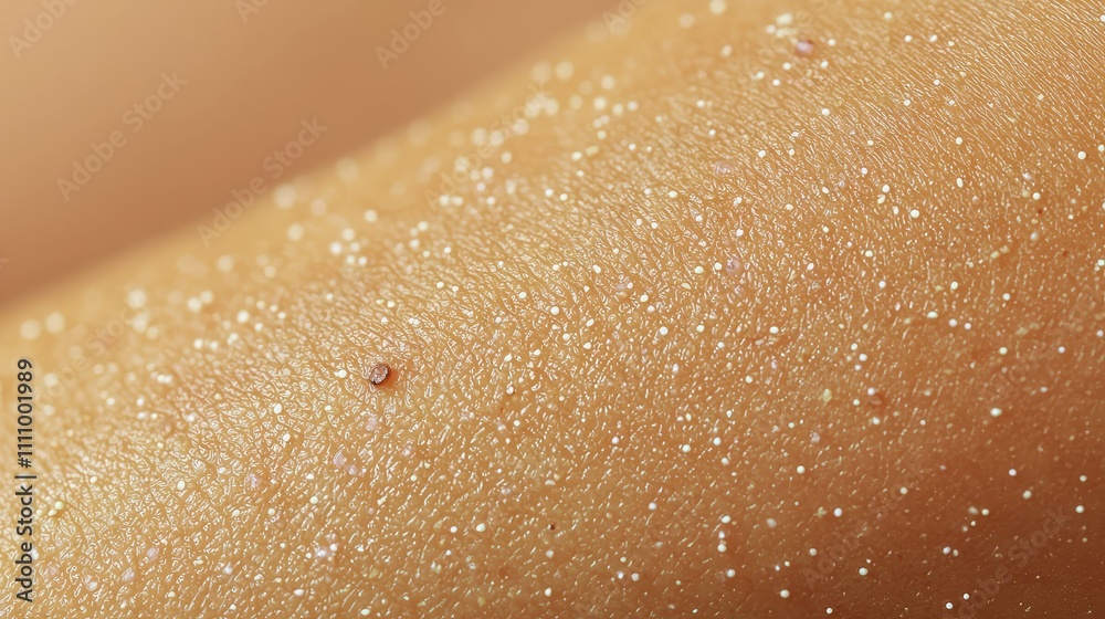 Fototapeta premium Close-up of Skin with Micro Glitter Particles Reflecting Light in a Warm Toned and Smooth Texture Ideal for Beauty, Cosmetic or Skincare Themes and Design Elements