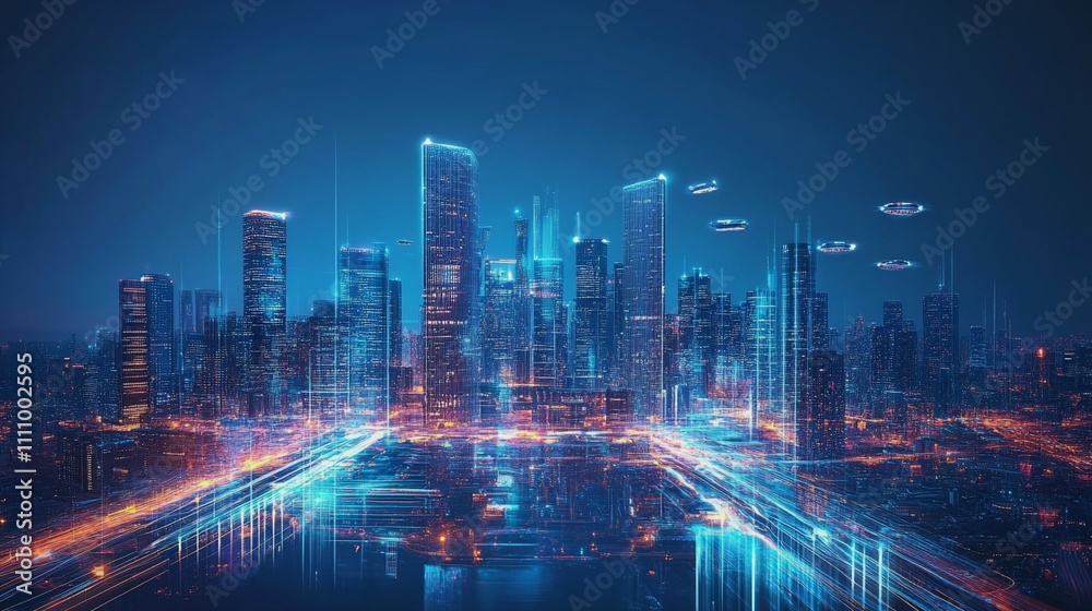 A sleek, futuristic cityscape with glowing skyscrapers, flying vehicles, and advanced transportation systems, illustrating a high-tech urban environment A sleek, futuristic cityscape with glowing skyscrapers, flying vehicles, and advanced transportation systems, illustrating a high-tech urban environment