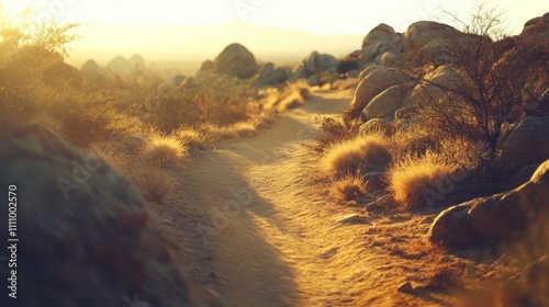 Golden Hour Glow on Serene Desert Pathway Amidst Nature