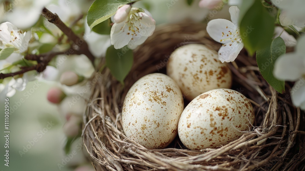 Beautiful Nest with Three Speckled Eggs Surrounded by Delicate Spring Blossoms in Natural Setting, Symbolizing New Life and Renewal in Nature's Embrace Beautiful Nest with Three Speckled Eggs Surrounded by Delicate Spring Blossoms in Natural Setting, Symbolizing New Life and Renewal in Nature's Embrace