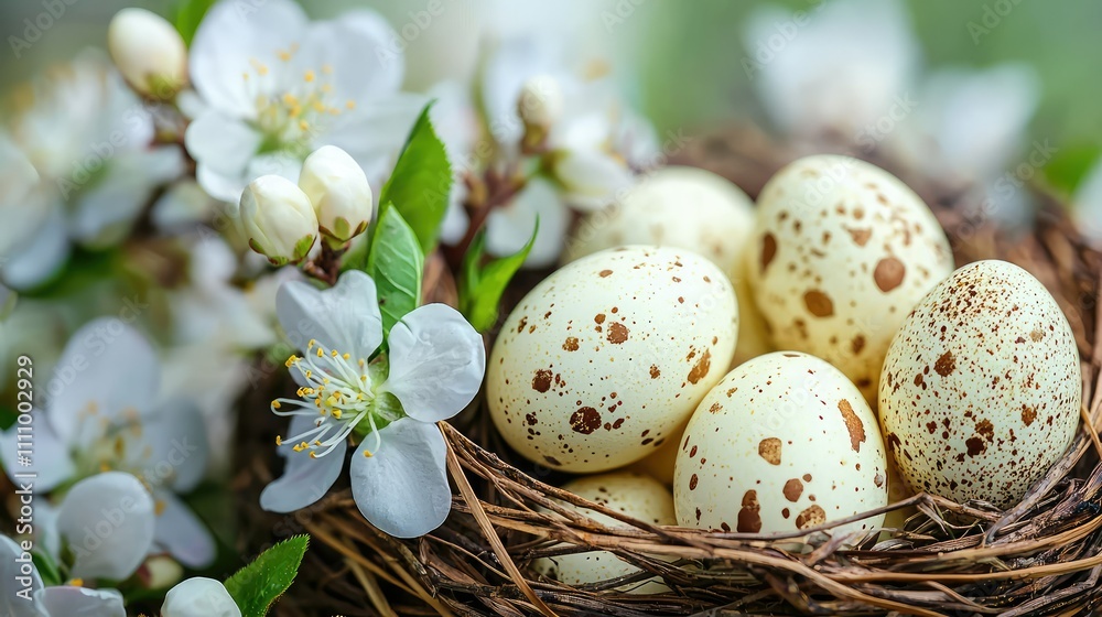 Springtime Nest with Spotted Eggs and Blossoms Capturing the Essence of Easter Celebration and Renewal in Nature's Beautiful Display of Life