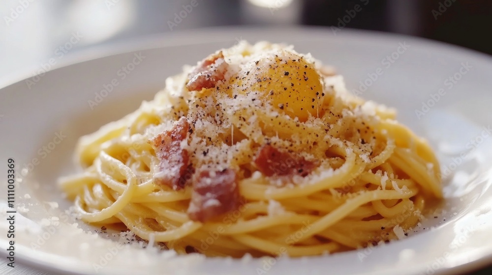 Photo of, A plate of classic spaghetti carbonara with crispy pancetta, egg yolks Photo of, A plate of classic spaghetti carbonara with crispy pancetta, egg yolks
