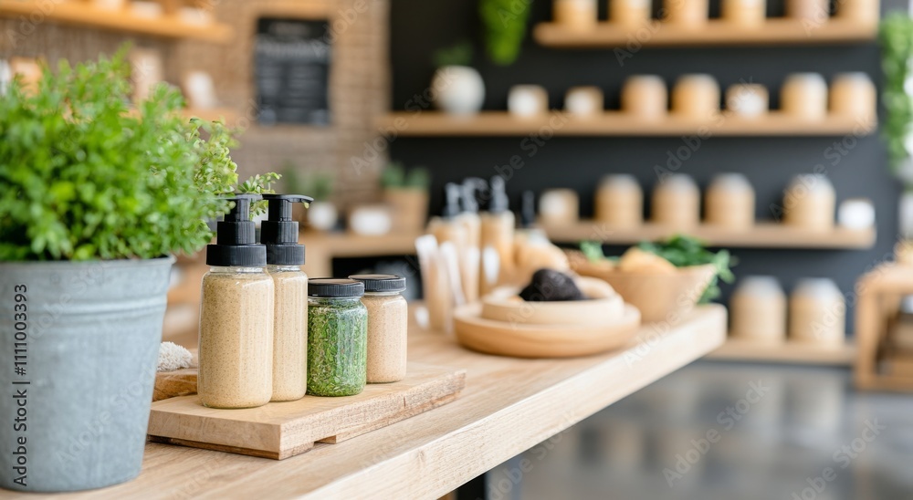 Natural skincare products displayed on wooden shelves in a modern wellness shop Natural skincare products displayed on wooden shelves in a modern wellness shop