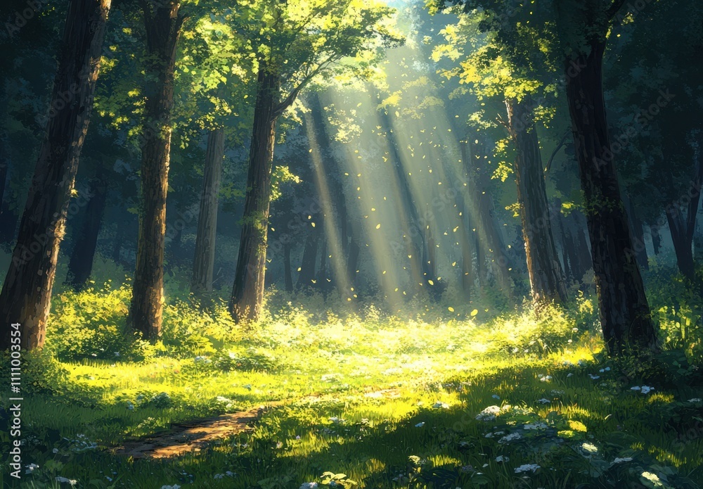 Fototapeta premium Enchanting Sunlight Filtering Through Lush Green Forest Canopy Illuminating Vibrant Flora and Creating a Tranquil Natural Landscape Scene