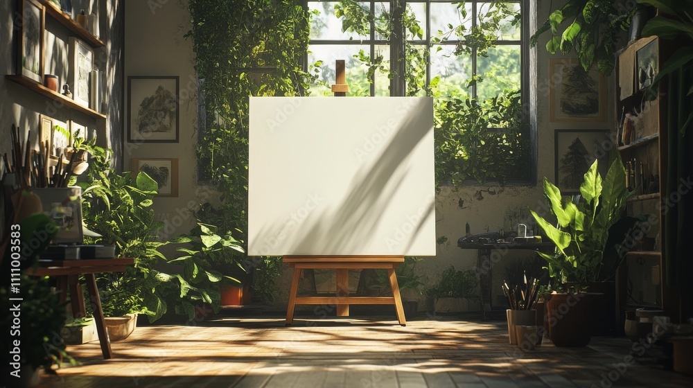 Bright art studio with blank canvas and lush greenery at midday Bright art studio with blank canvas and lush greenery at midday