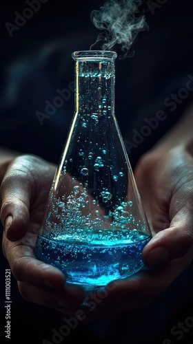 Hands Holding a Glass Flask with Blue Bubbling Liquid and Steam Rising, Symbolizing Science, Chemistry, Experimentation and Innovation in a Dark Background photo