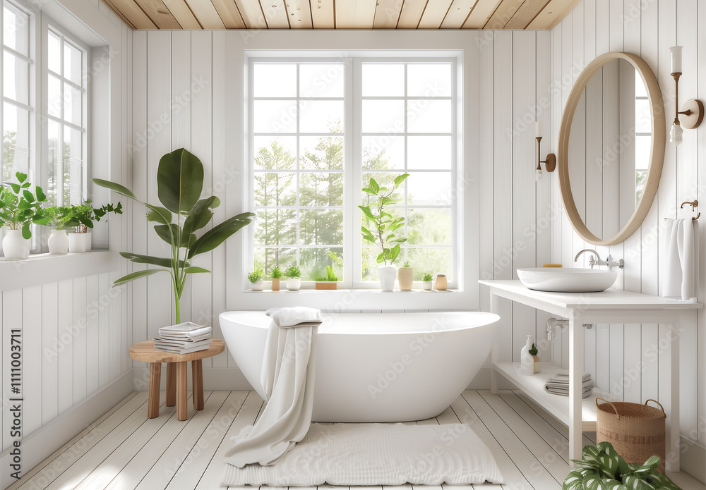 Modern bright bathroom with white decor, a freestanding bathtub, natural wood accents, round mirror, and lush greenery, creating a serene and relaxing spa-like atmosphere Modern bright bathroom with white decor, a freestanding bathtub, natural wood accents, round mirror, and lush greenery, creating a serene and relaxing spa-like atmosphere