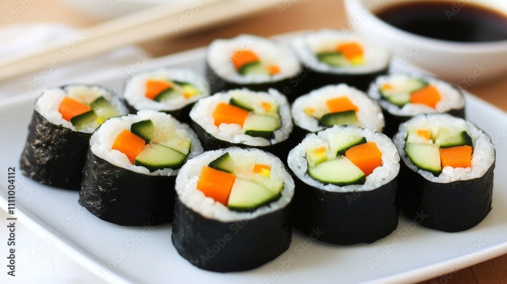 Photo of, A plate of colorful vegetable sushi rolls filled with cucumber, avocado Photo of, A plate of colorful vegetable sushi rolls filled with cucumber, avocado