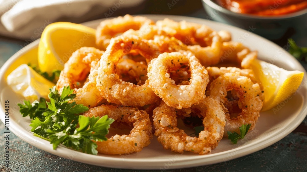 Photo of, A plate of crispy calamari rings served with marinara sauce and lemon wedges, Calamari plate centered Photo of, A plate of crispy calamari rings served with marinara sauce and lemon wedges, Calamari plate centered