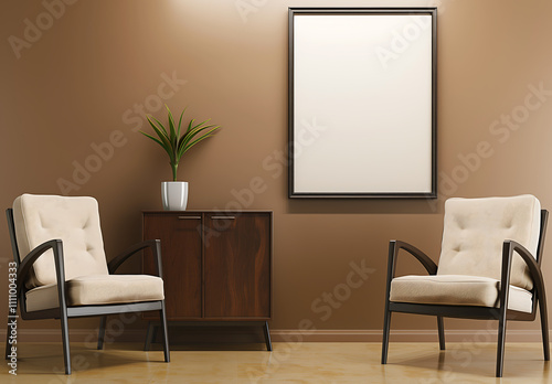 Minimalist seating area with two cushioned chairs, wooden cabinet, potted plant, and an empty poster frame mock-up on a soft brown wall, creating a stylish and cozy atmosphere