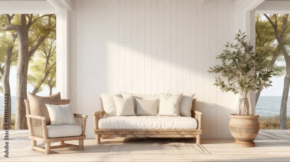 Fototapeta premium Serene minimalist veranda featuring neutral toned furniture for a calming outdoor retreat