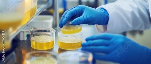 An industrial biotechnologist developing biodegradable plastics from microbial fermentation in a biotech laboratory, with bioreactors and plastic samples visible photo