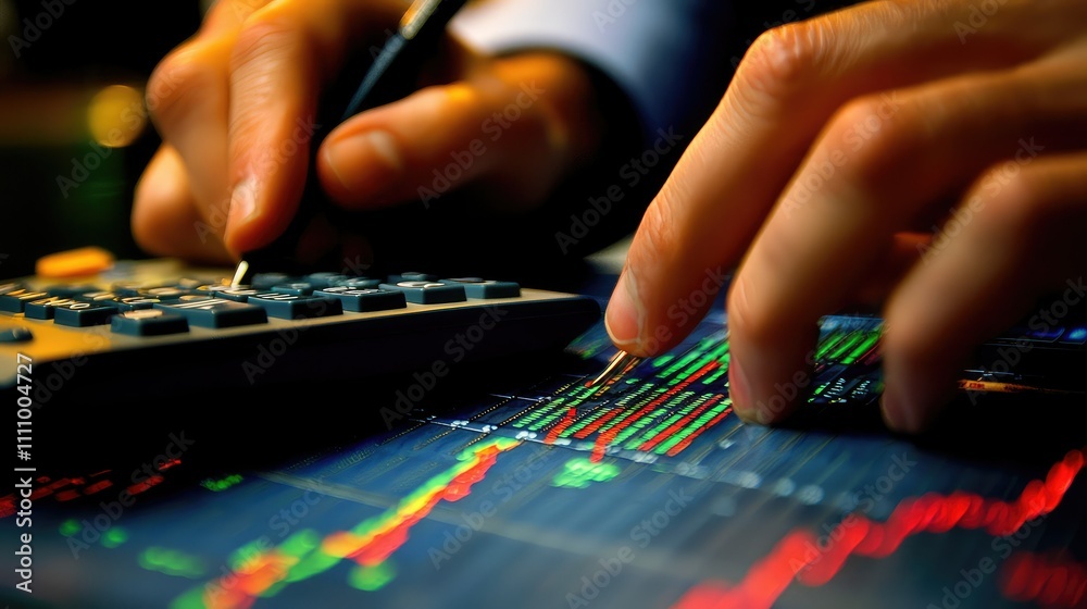 Fototapeta premium Hands Analyzing Financial Data on a Stock Market Chart with a Calculator and a Pen, Representing Investment Strategies and Economic Insights