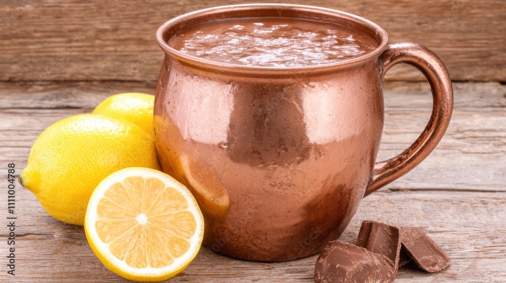 Copper Mug of Hot Chocolate with Lemons and Chocolate Pieces Copper Mug of Hot Chocolate with Lemons and Chocolate Pieces