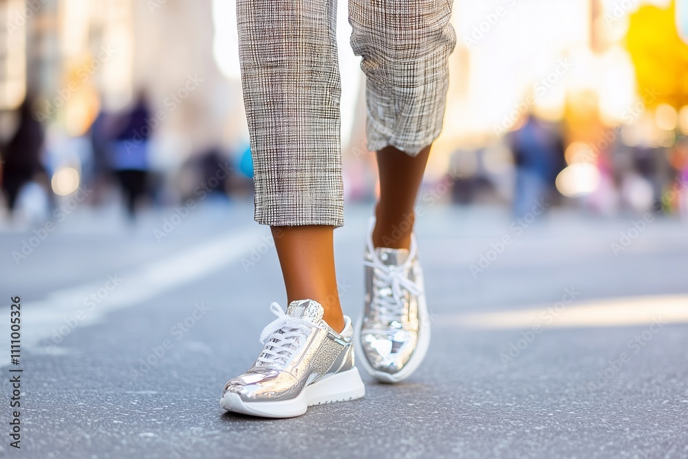 detail women's legs wearing tailored luxury tweed business pants and silver sneakers, busy street background detail women's legs wearing tailored luxury tweed business pants and silver sneakers, busy street background