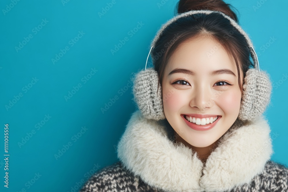Smiling woman in winter attire with ear muffs against a bright blue background Smiling woman in winter attire with ear muffs against a bright blue background