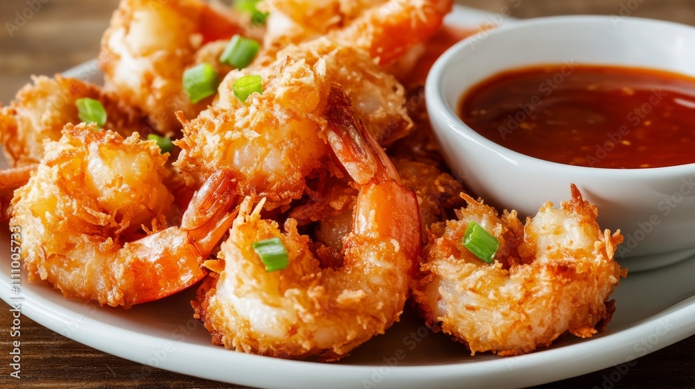 Photo of, A plate of crispy coconut shrimp served with sweet chili dipping sauce, Shrimp on plate Photo of, A plate of crispy coconut shrimp served with sweet chili dipping sauce, Shrimp on plate