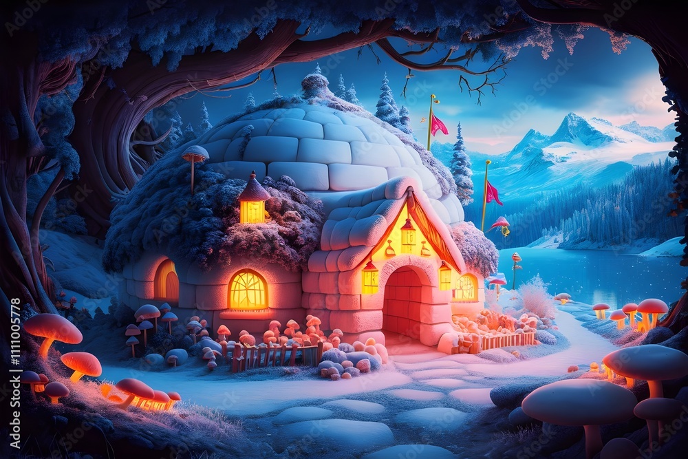 Obraz premium Igloo vector illustration, ice nature house, cartoon Antarctica traditional shelter, snow drift. North round dome building, arctic white frozen ethnic home, polar blue cave. Igloo house concept 